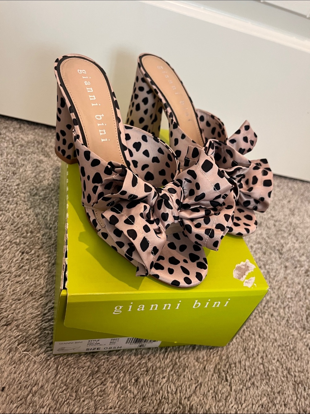 Gianni Bini Blush Pink Leopard Bow Block Heel Mules